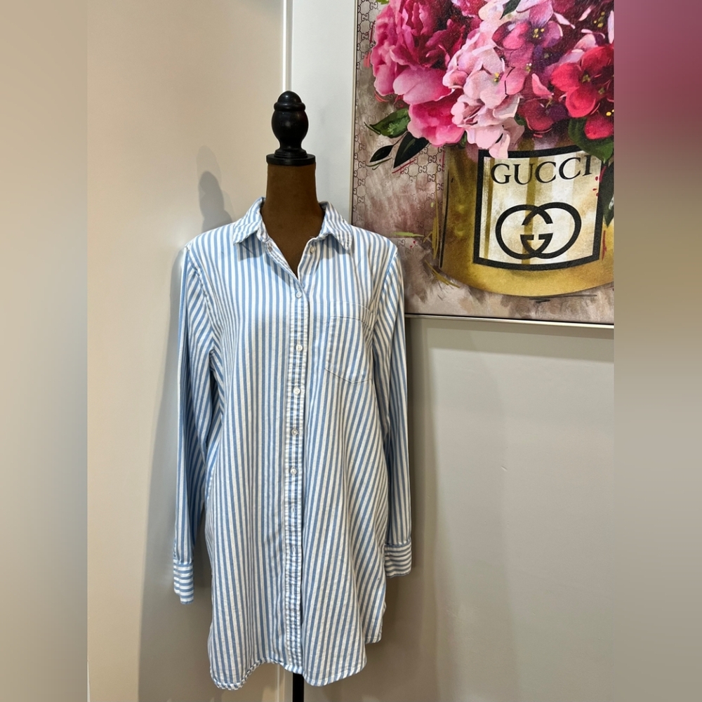 Aerie Blue White Striped Button Down Shirt Dress Tunic Size M